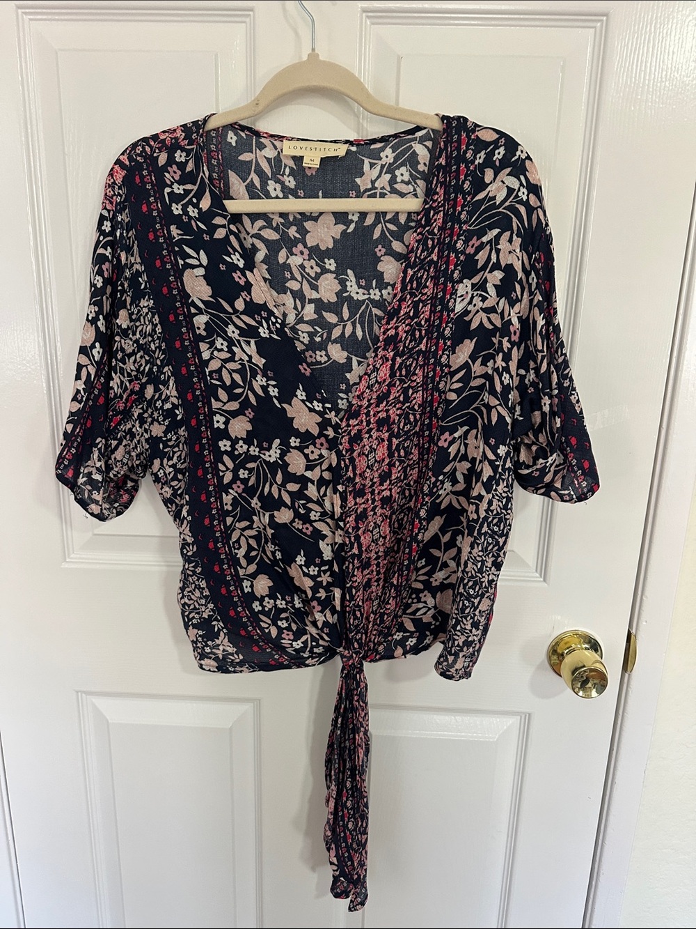 lovestitch Navy Floral Tie-Front Blouse with Pink Accents